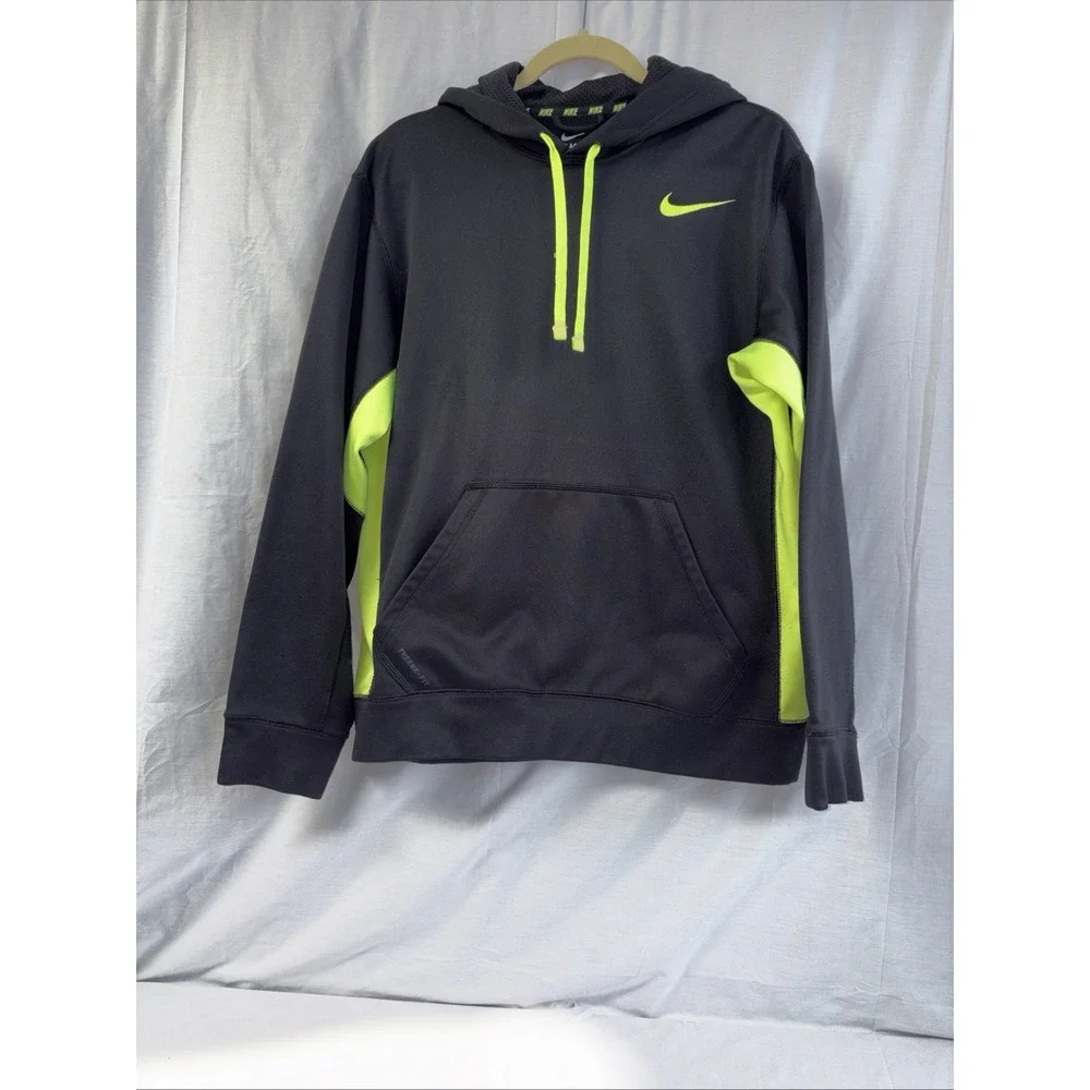 Nike Hoodie Mens Medium Therma Fit Black Neon Green Swoosh Pullover Sweatshirt